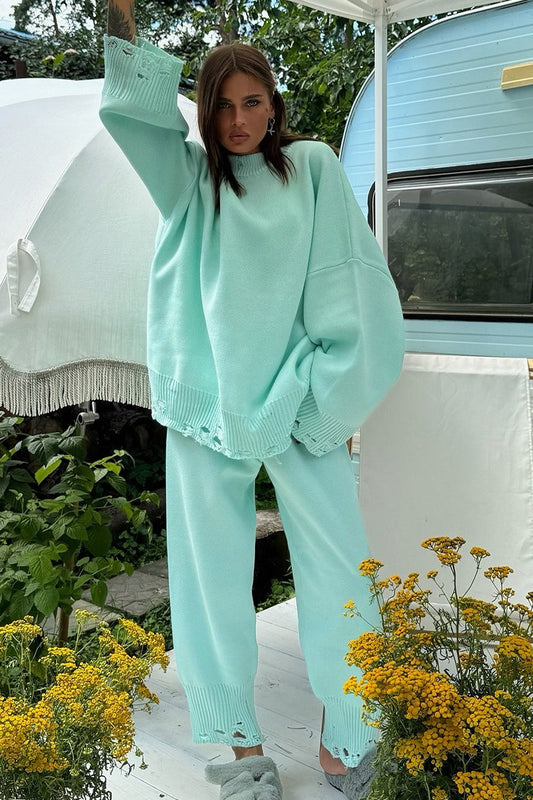 Solid Distressed Knit Crew Neck Sweater Two Piece Set