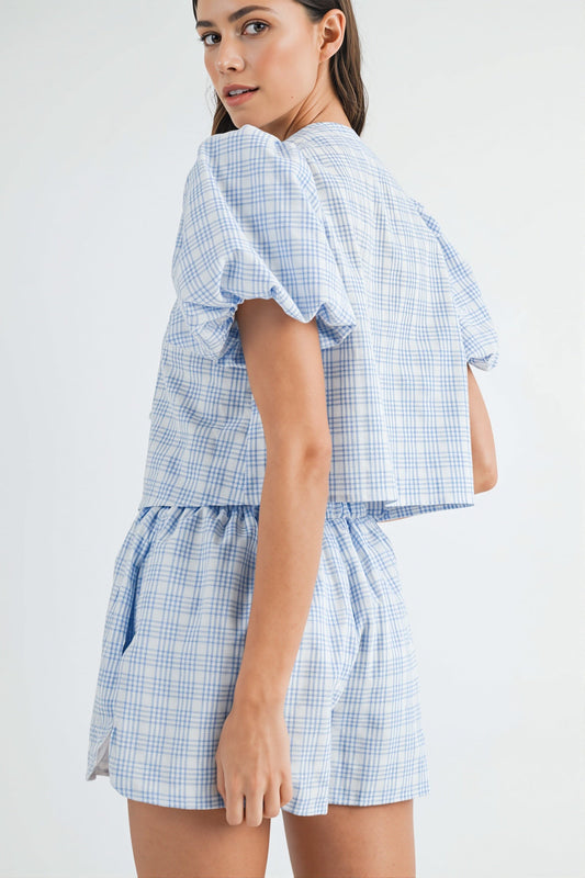 Bow Tie Puff Sleeve Plaid Two Piece Set