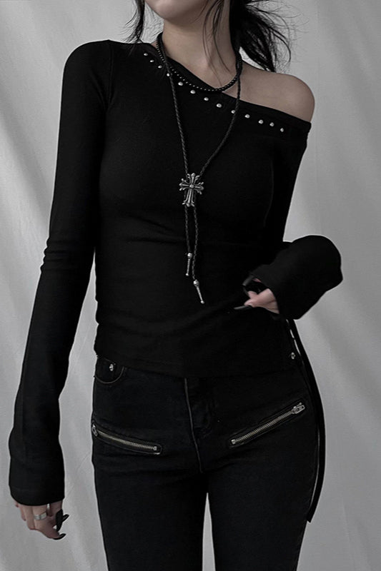 Studded Asymmetrical Ruched T-Shirt