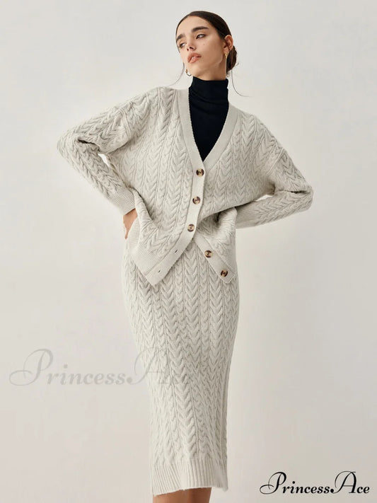 Cable Knit Cardigan Trendy With Matching Midi Skirt Beige / S Sets