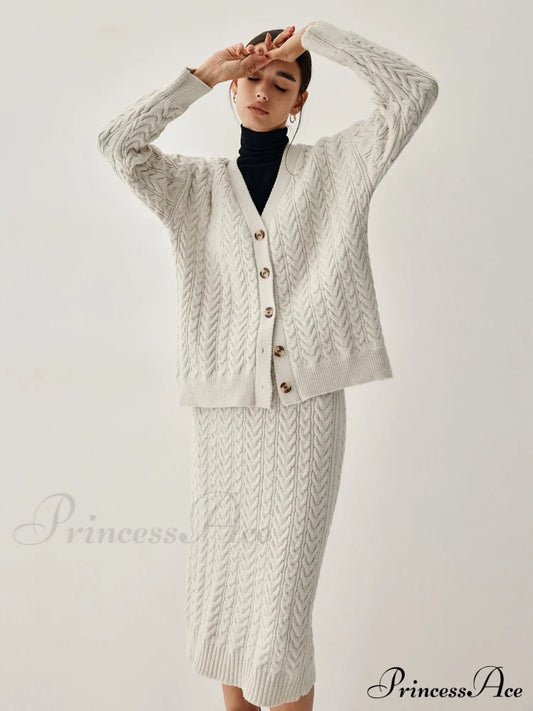 Cable Knit Cardigan Trendy With Matching Midi Skirt Sets