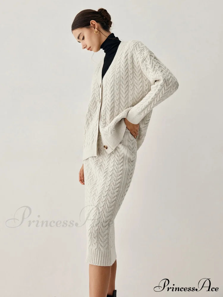 Cable Knit Cardigan Trendy With Matching Midi Skirt Sets