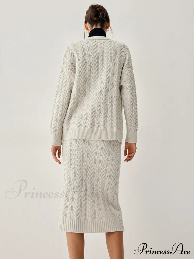 Cable Knit Cardigan Trendy With Matching Midi Skirt Sets
