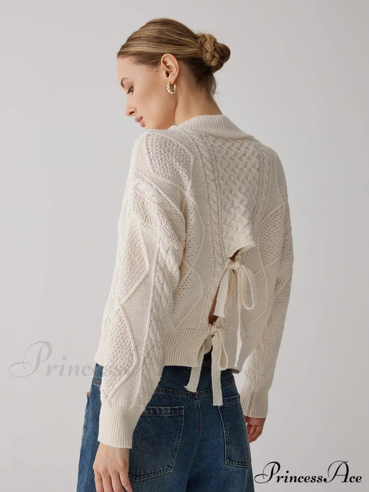 Cable Knit Graceful Tie Back Sweater Beige / S Sweaters-L