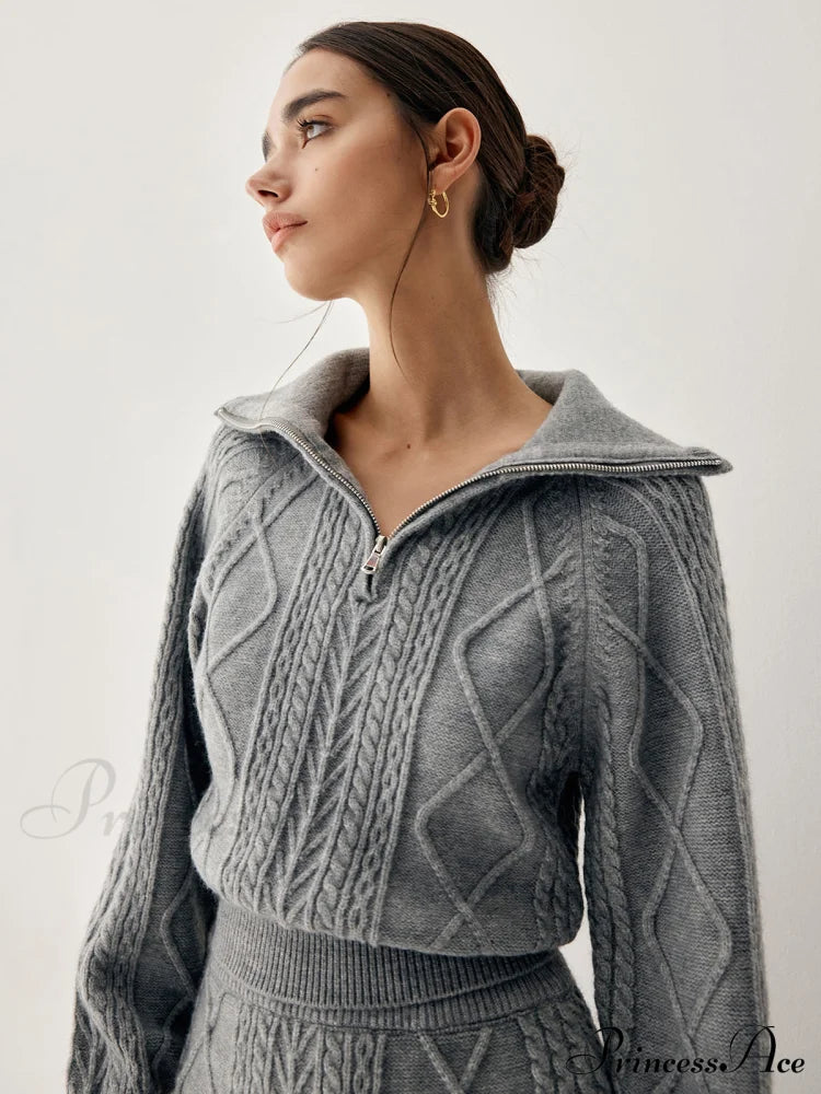 Cable Knit Open Collar Modern Cardigan With Matching Skirt Sets