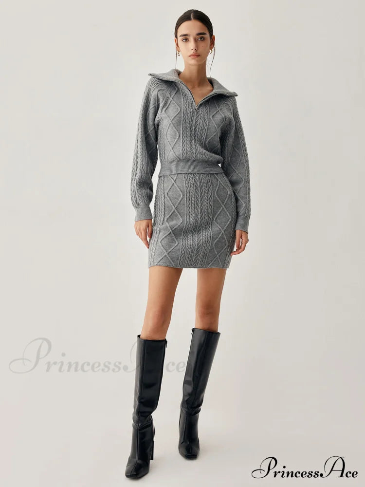Cable Knit Open Collar Modern Cardigan With Matching Skirt Sets