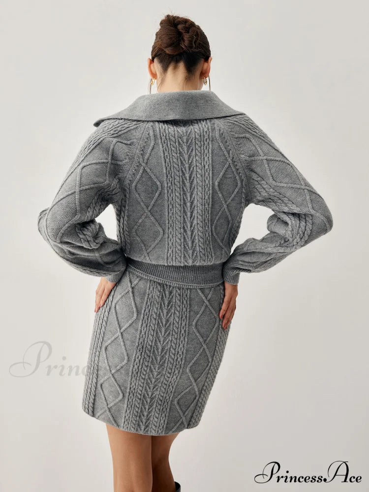 Cable Knit Open Collar Modern Cardigan With Matching Skirt Sets