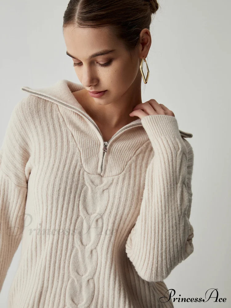 Cable Knit Open Trendy Collar Half Zip Sweater Sweaters-L