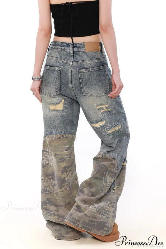 Camouflage Patchwork Distressed Wide Jeans