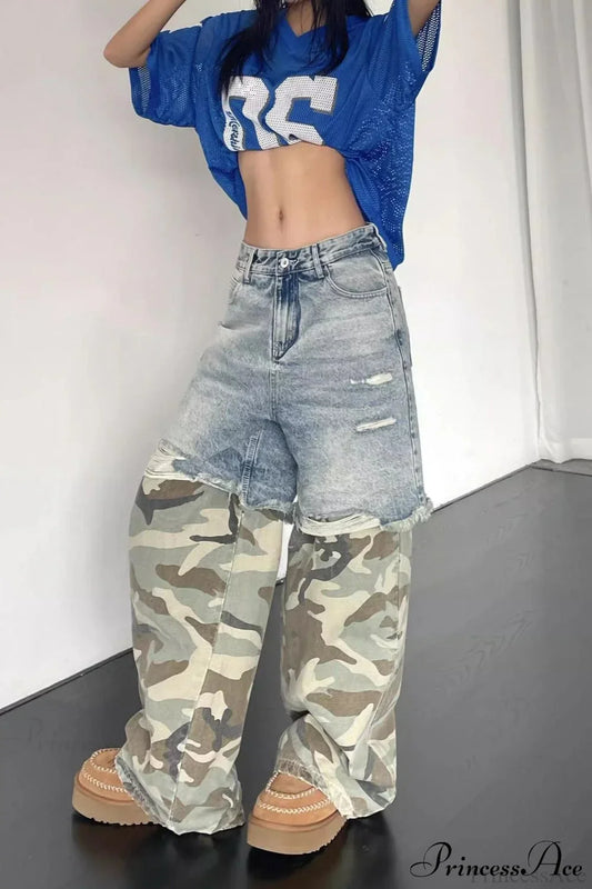 Camouflage Print Patchwork Loose Fit Streetwear Jeans
