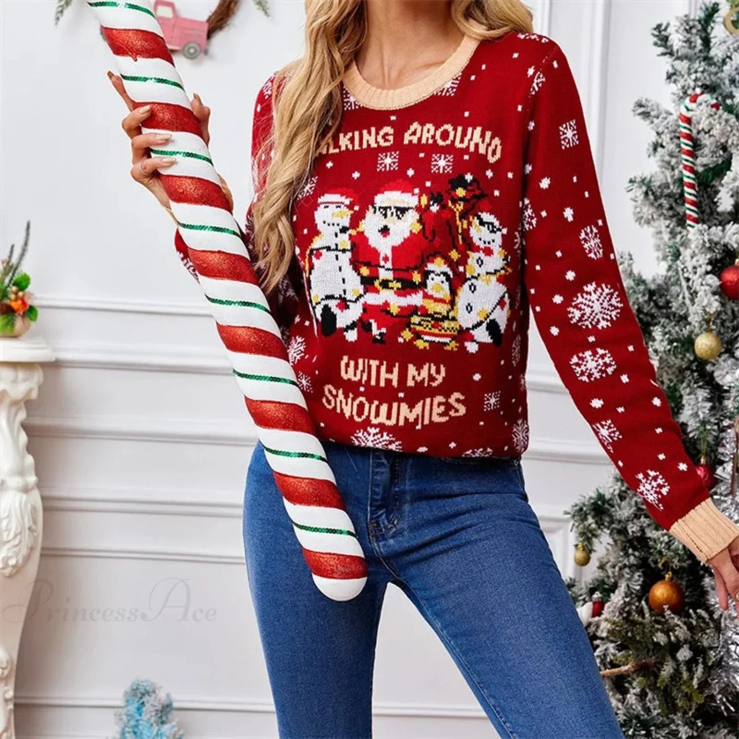 Casual Christmas Print Long Sleeve Knit Sweater Red / S Sweaters-L