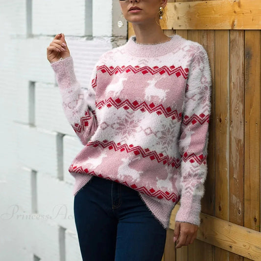Casual Christmas Sweater For Couples - Loose Knitwear Warm Thicken Matching Pink / S Sweaters-L