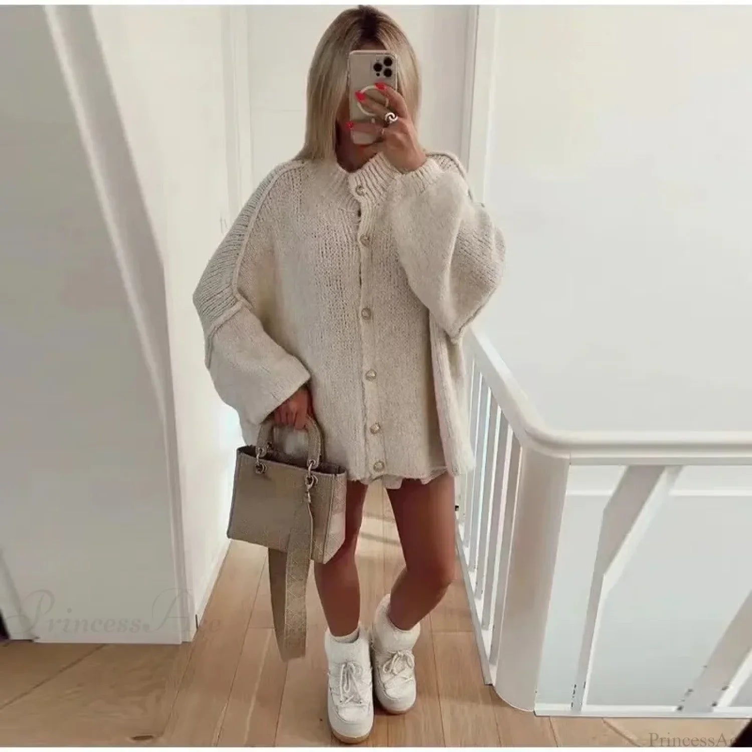 Casual Cozy Loose O-Neck Elegant Solid Comfortable Lantern Sleeve Stylish Sweater Sweaters-L