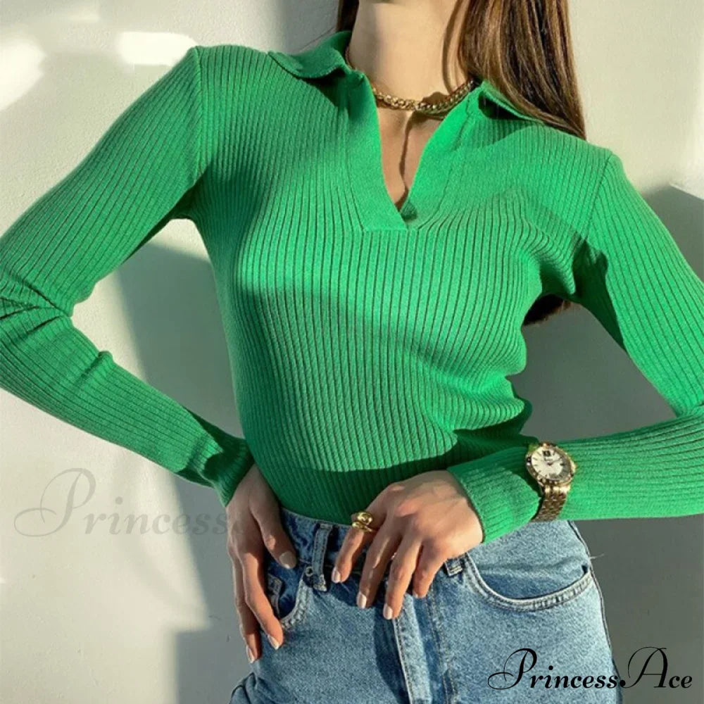 Casual Knitted V Neck Long Sleeve Slim Fit Sweater Green / S Sweaters-L