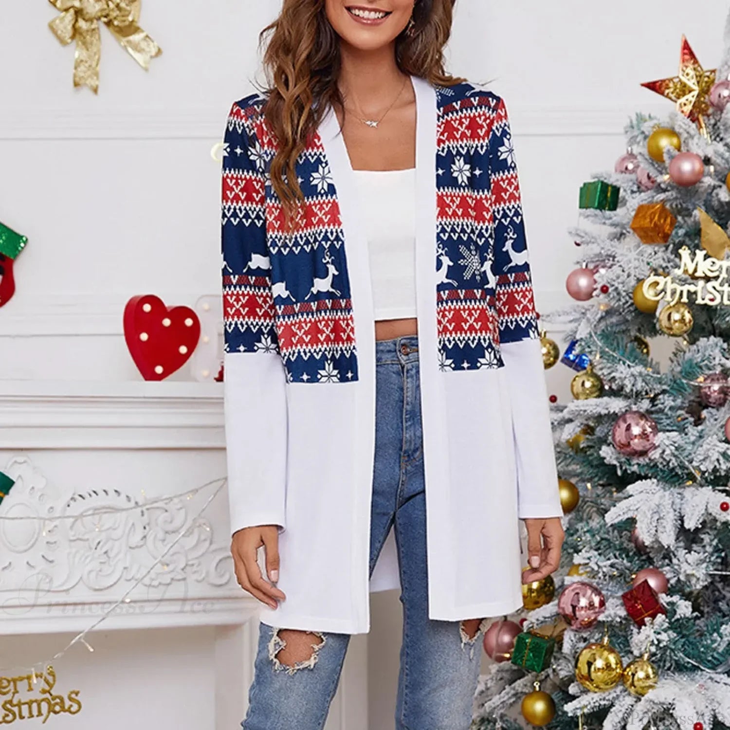 Casual Long Sleeve New Year Ladies Cardigan Christmas Sweater Blue / S Sweaters-L
