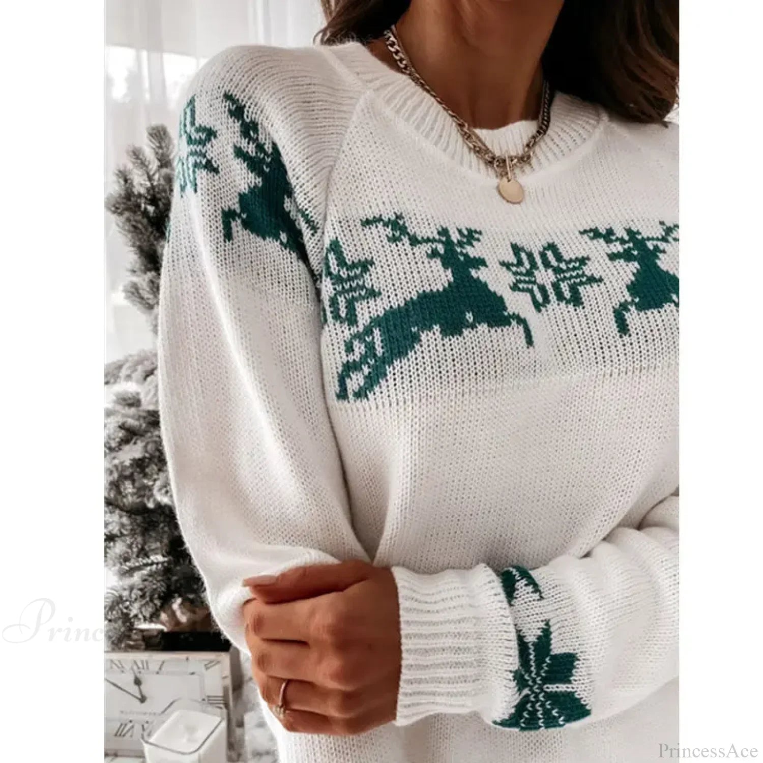 Casual Long Sleeve O-Neck Pullover Deer Knitted Christmas Sweater Sweaters-L