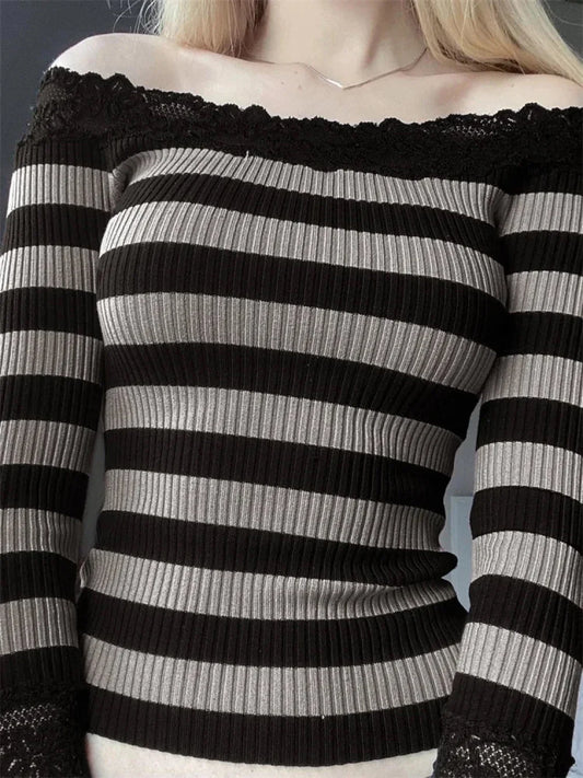 Casual Long Sleeve Retro Striped Off-Shoulder T-Shirts Sweaters-L