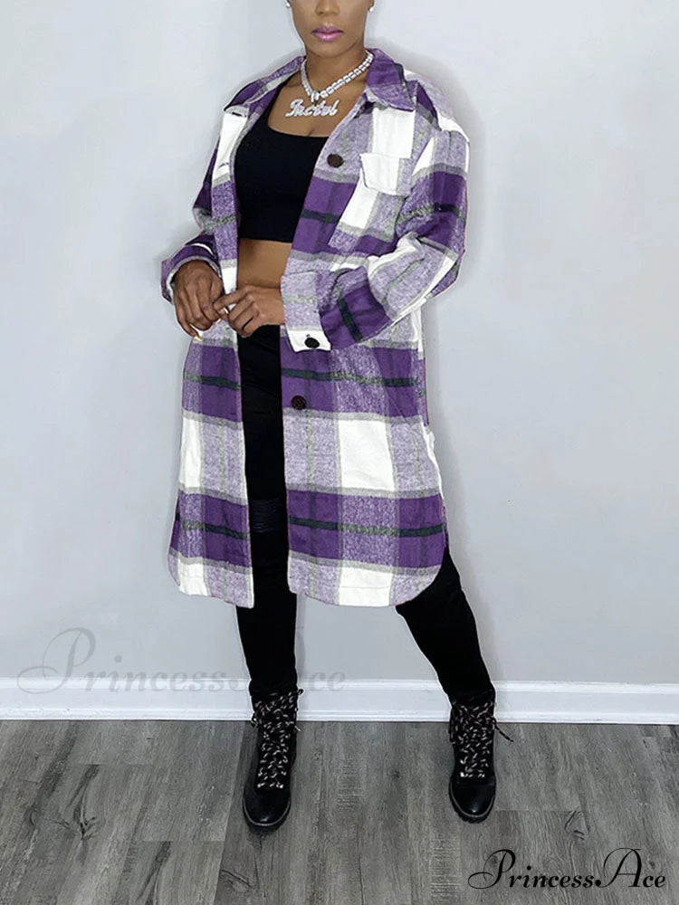 Casual Plaid Graceful Printed Shirt Purple / S Coats-L