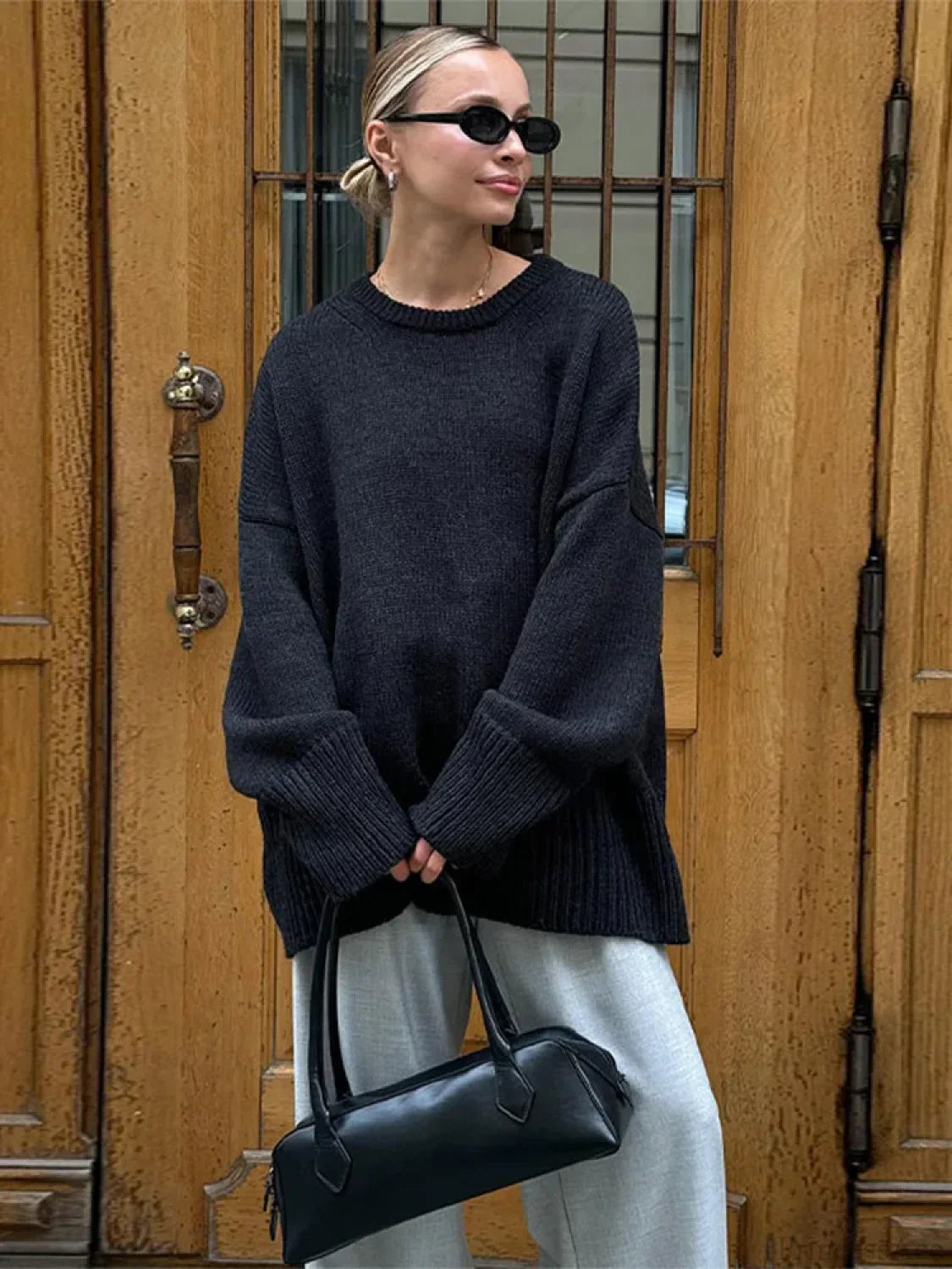 Casual Retro Long Sleeve Sweater Black / S