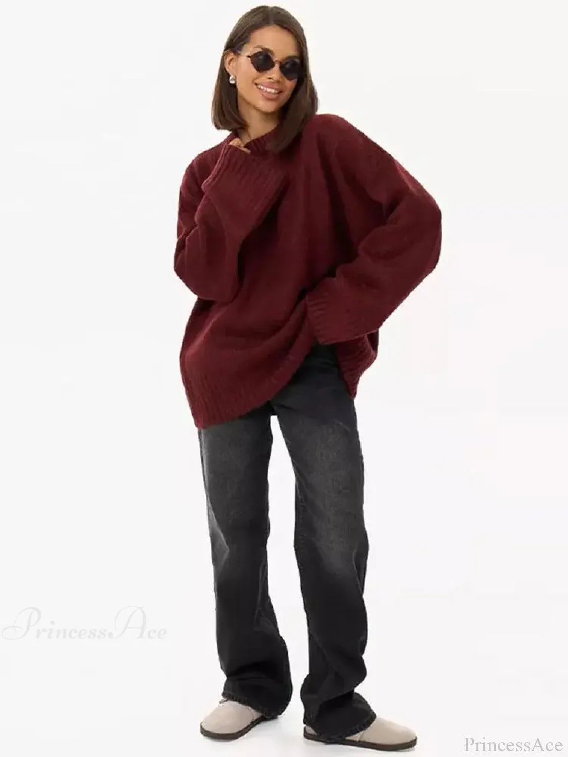 Casual Retro Long Sleeve Sweater Wine red / S