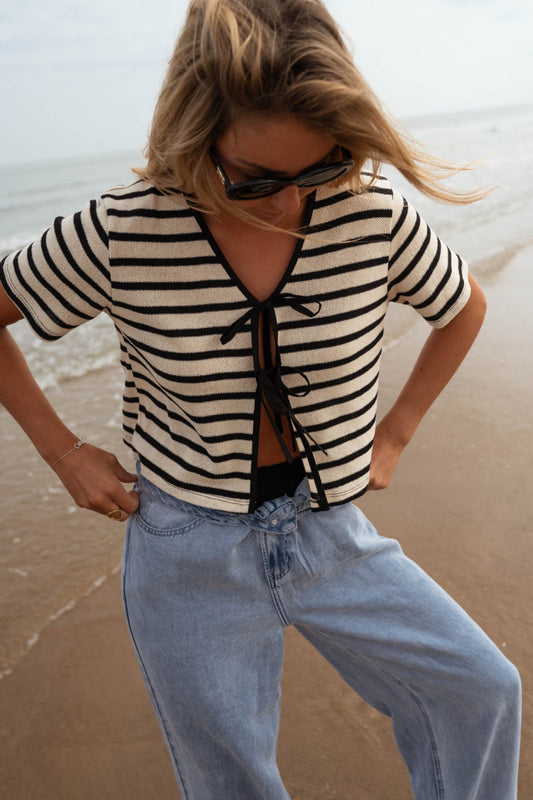 Striped Tie-Front Knit Short Sleeves Cardigan