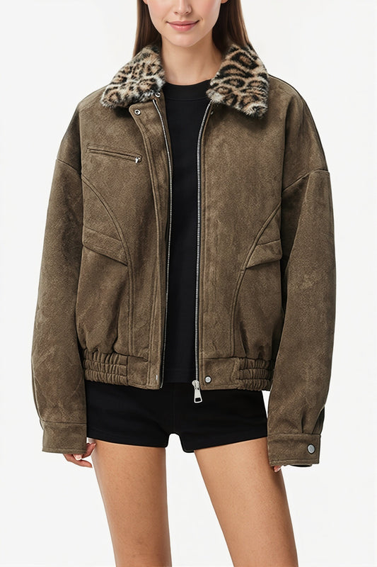 Leopard Fur Collar Barn Jacket