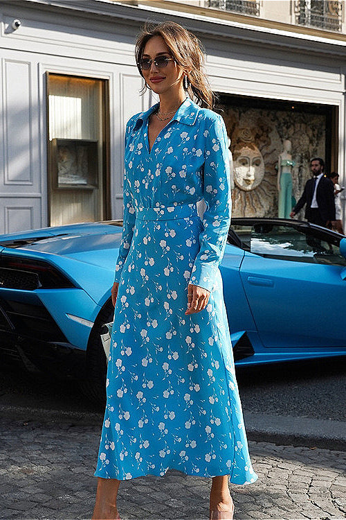 V Neck Long Sleeve Digital Print A Line Floral Dress