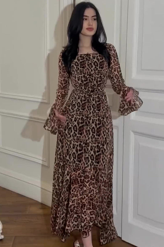 Asymmetrical Leopard Chiffon Panel Maxi Dress