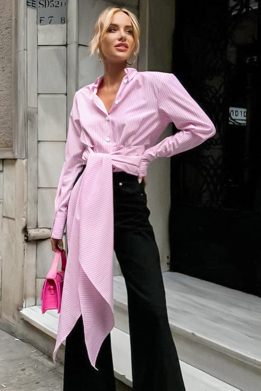 Striped Tie Waist Shirt Bloshope