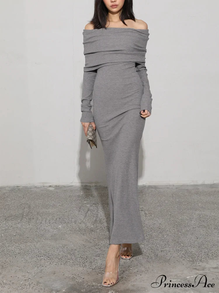 Charcoal Off Shoulder Overfold Modern Long Sleeve Dress Grey / Xs Knit Dresses