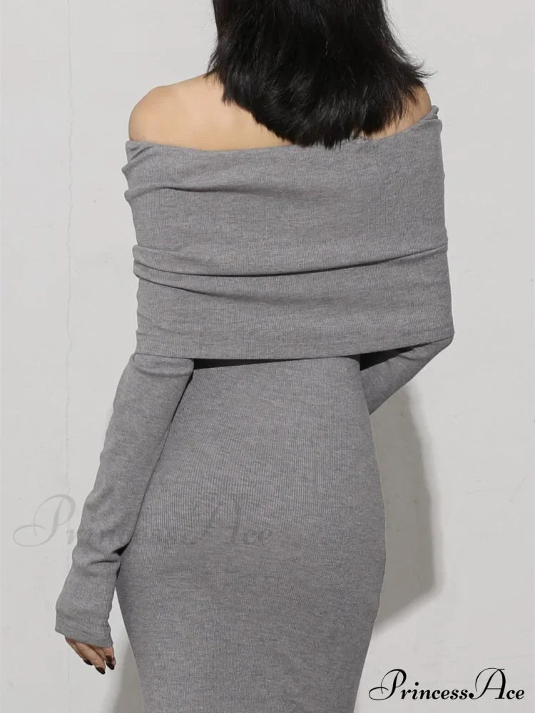 Charcoal Off Shoulder Overfold Modern Long Sleeve Dress Knit Dresses