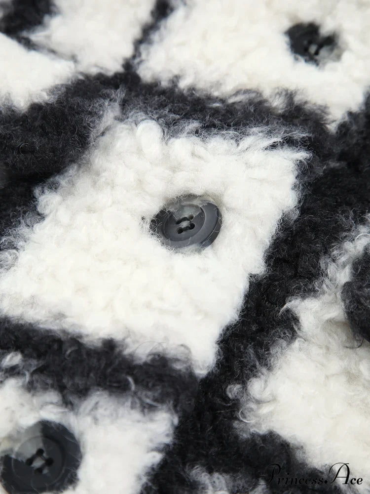 Checkered Button Graceful Sherpa Jacket Fleece Jackets