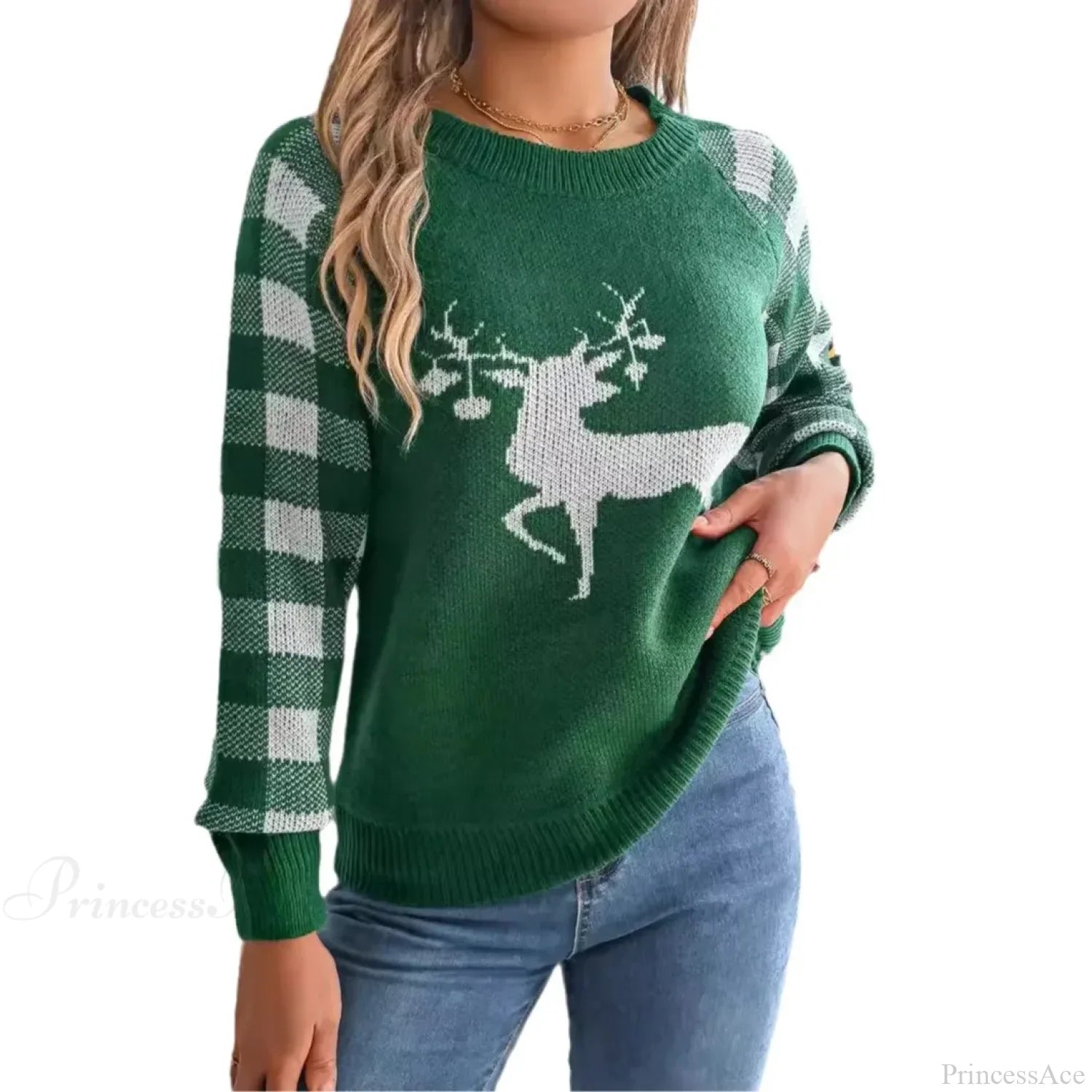 Checkered Deer Long Sleeve Hoodie Red Green Knitted Pullover New Year Christmas Sweater Sweaters-L
