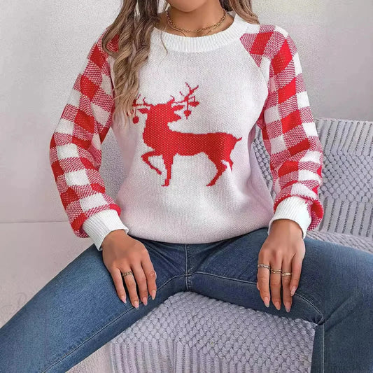 Checkered Deer Long Sleeve Hoodie Red Green Knitted Pullover New Year Christmas Sweater Sweaters-L