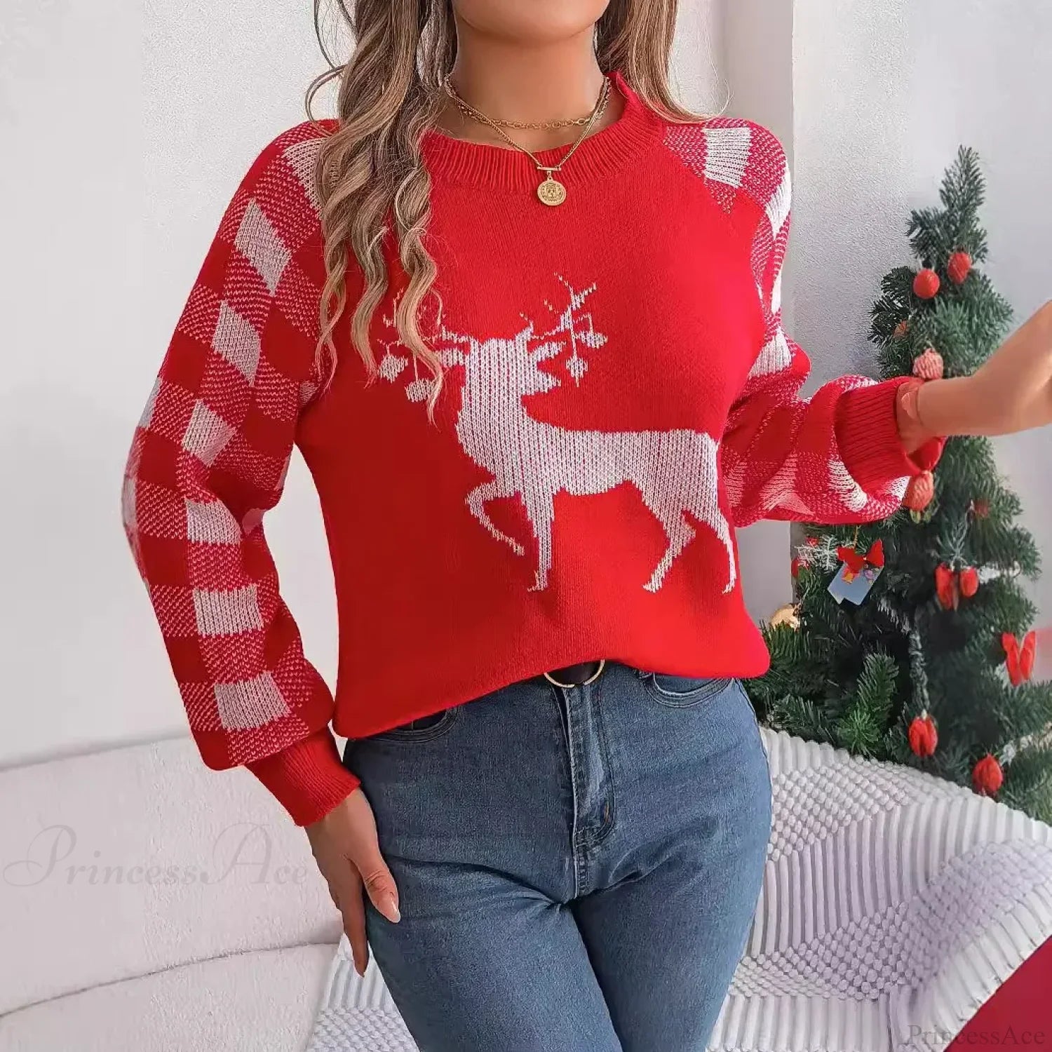 Checkered Deer Long Sleeve Hoodie Red Green Knitted Pullover New Year Christmas Sweater Sweaters-L