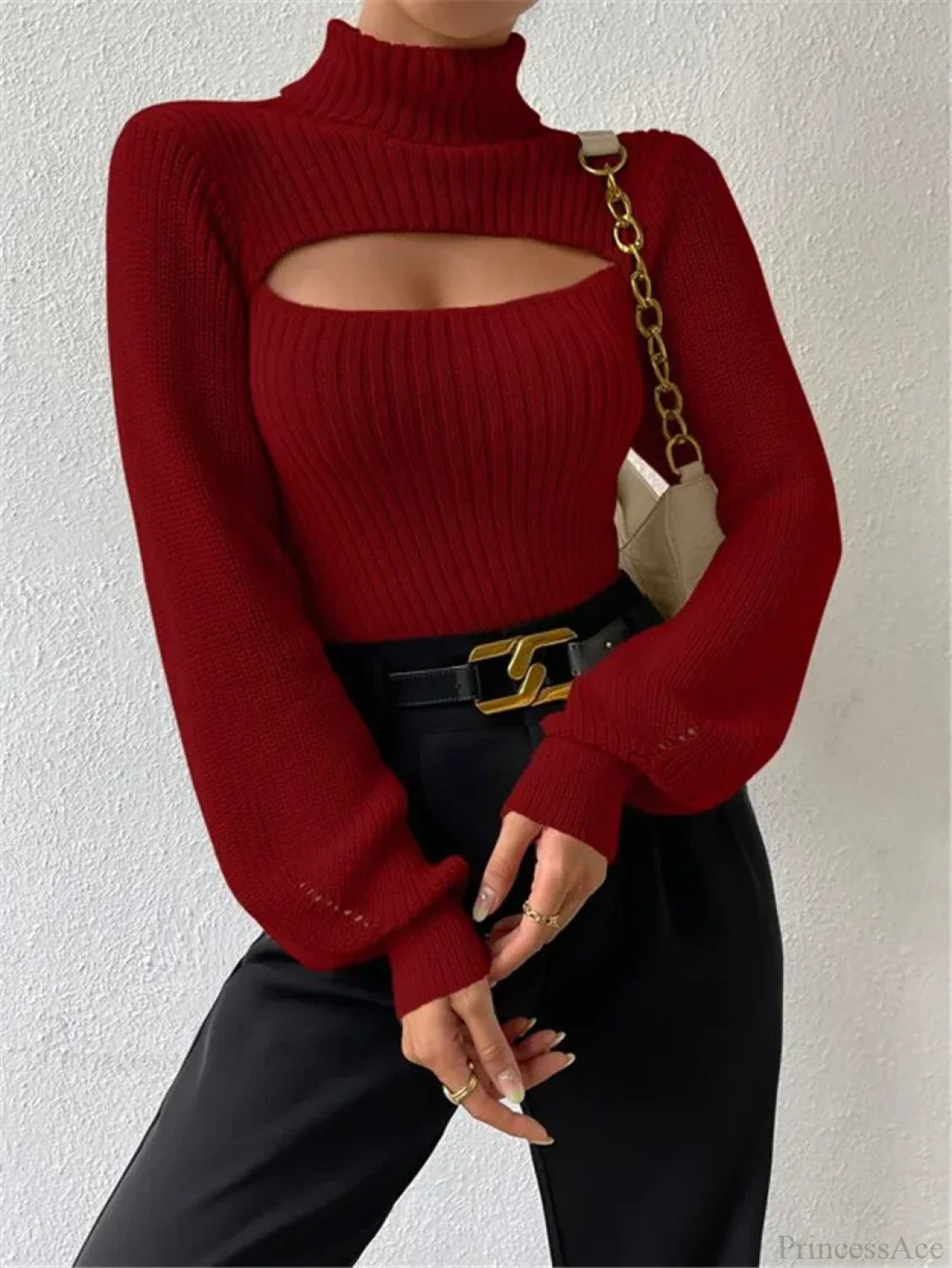 Chest Hollowed-out Turtleneck Sexy Sweater Burgundy / S