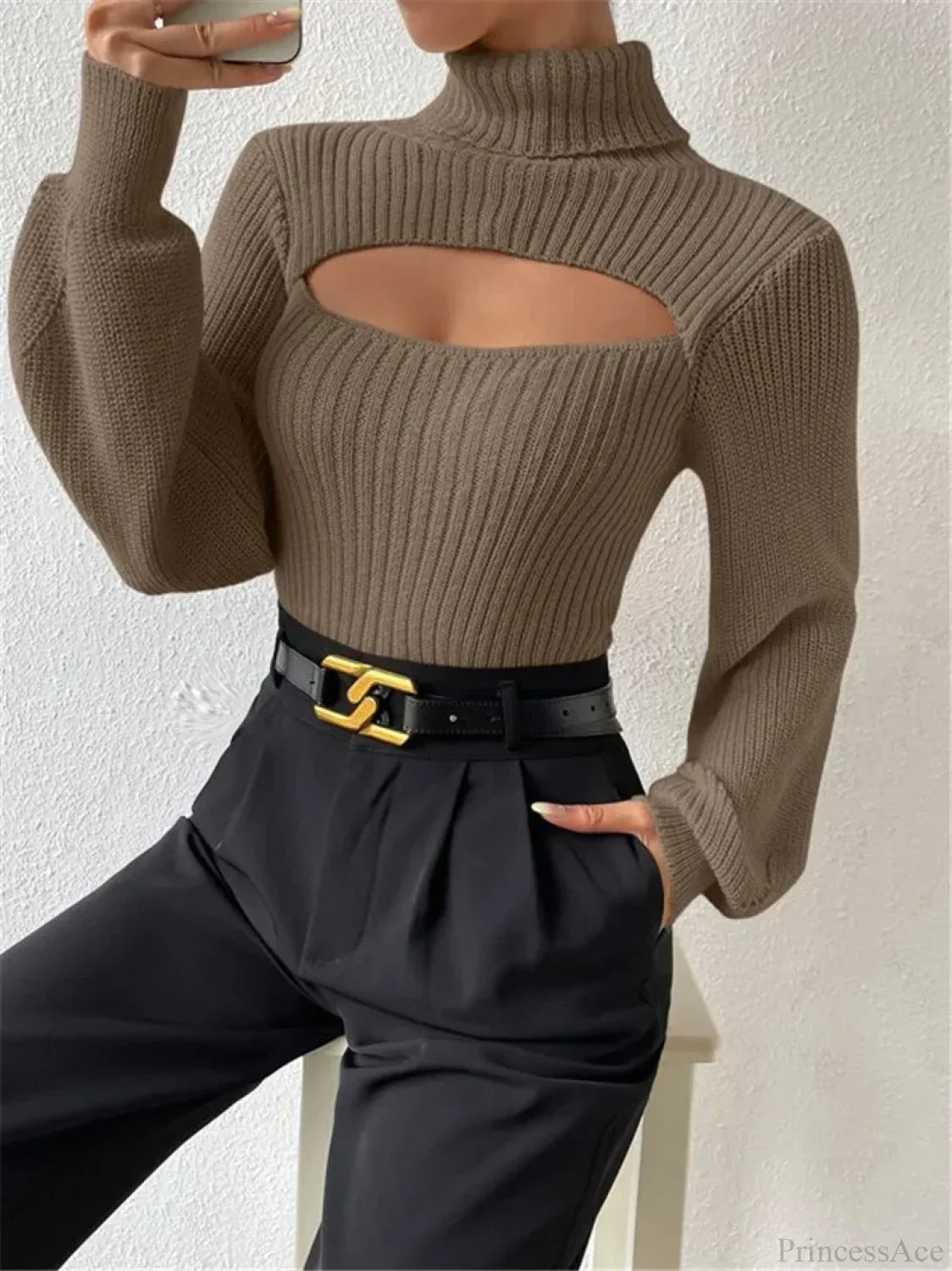 Chest Hollowed-out Turtleneck Sexy Sweater Khaki / S