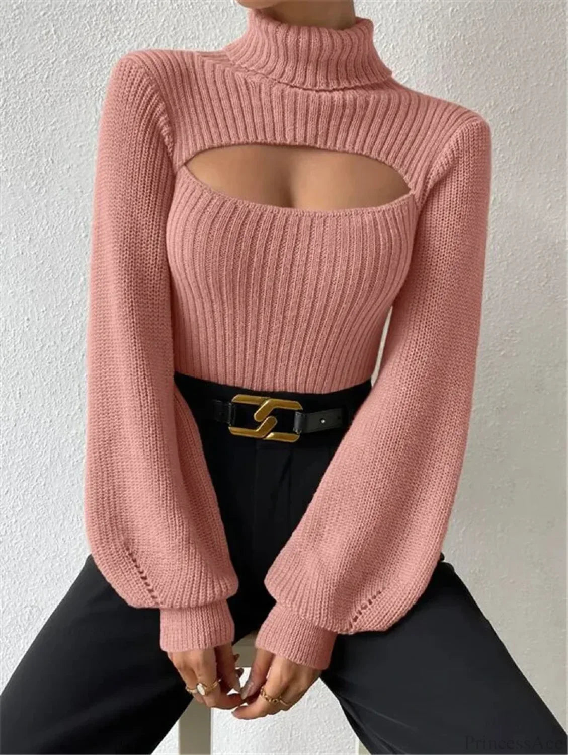 Chest Hollowed-out Turtleneck Sexy Sweater Pink / S
