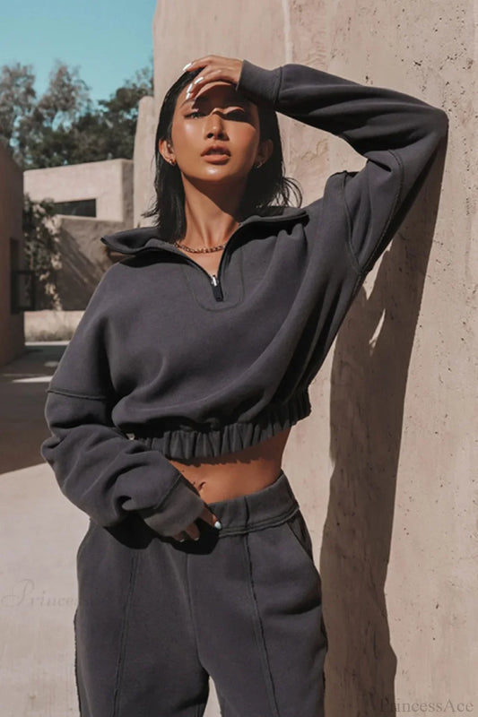 Chic Athleisure Stand Collar Sweatshirt Elastic Jogger Two Piece Set