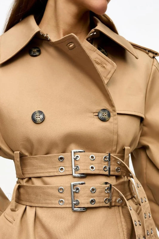 Chic Hooded Double Belted Cropped Coat