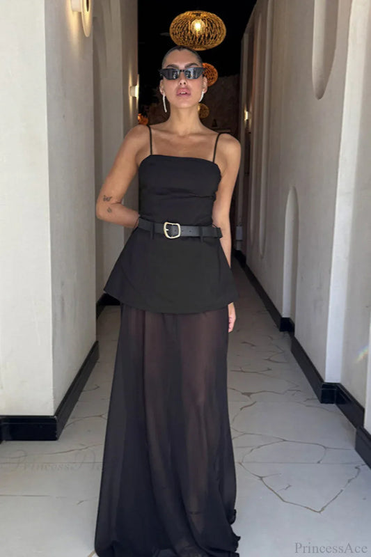 Chic Mesh Cami Panel Slim Maxi Dress