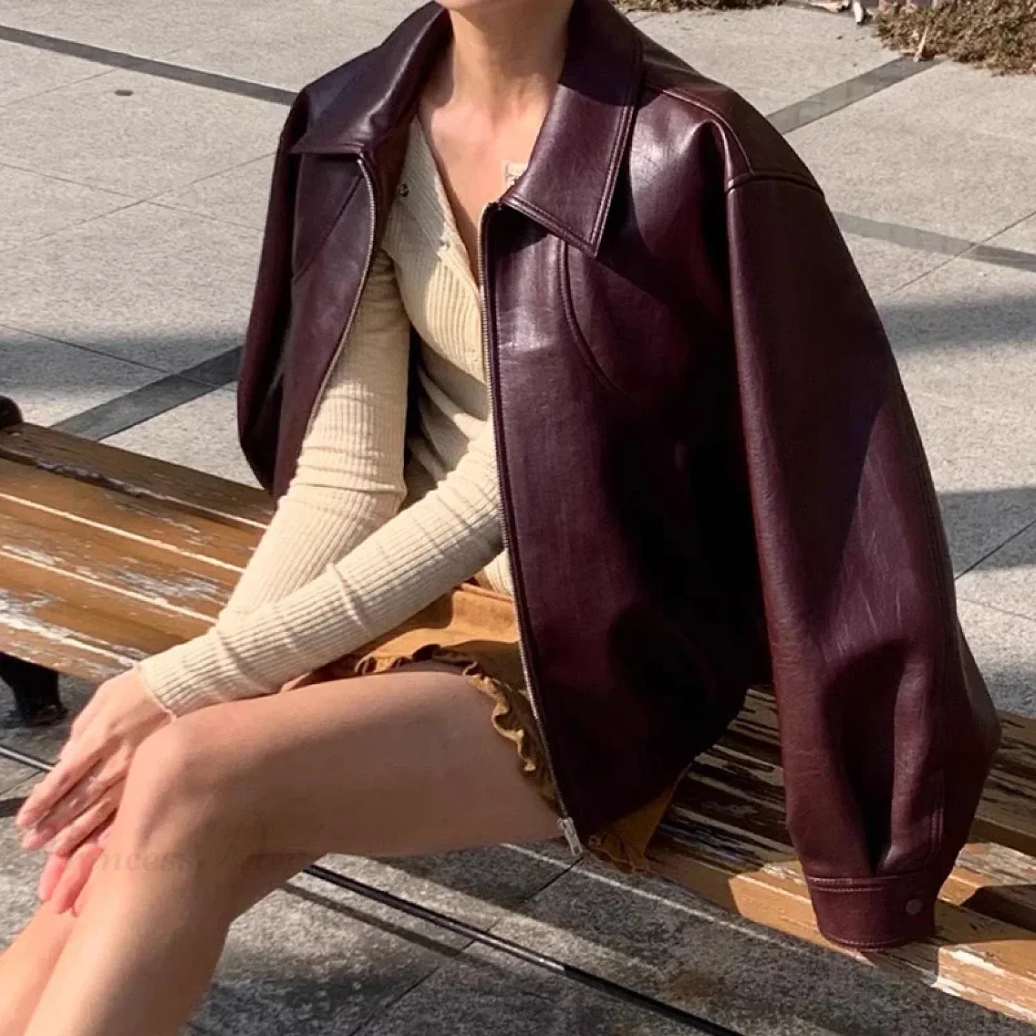 Chic Red Zipper Pu Leather Coat Coats-241208