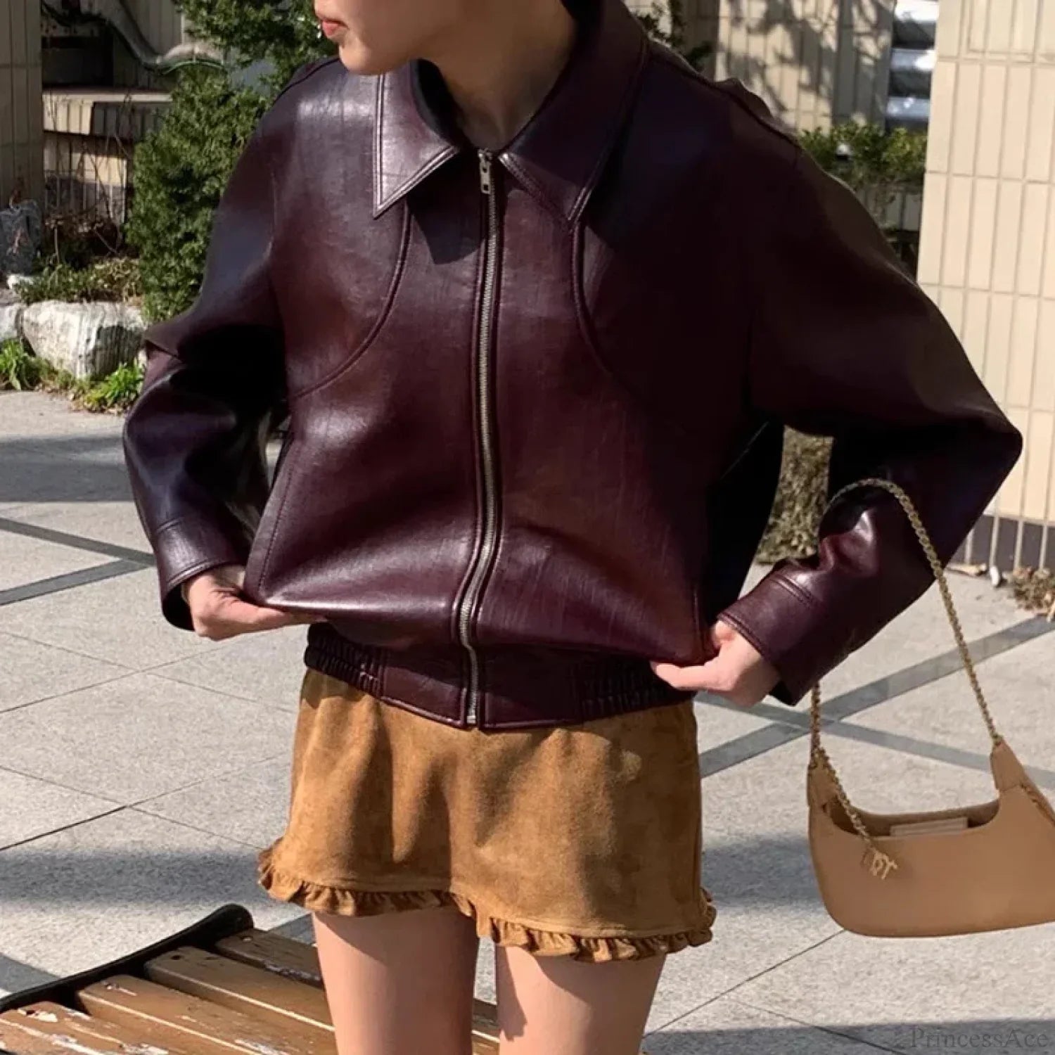 Chic Red Zipper Pu Leather Coat Coats-241208