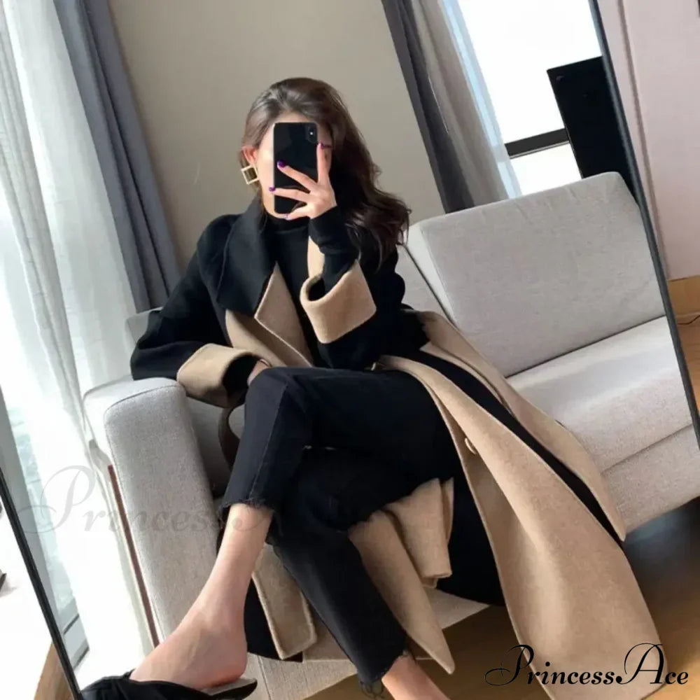 Chic Woolen Patchwork Double-Breasted Anti-Wrinkle Lapel Winter High Sense Stylish Coat Coats-L