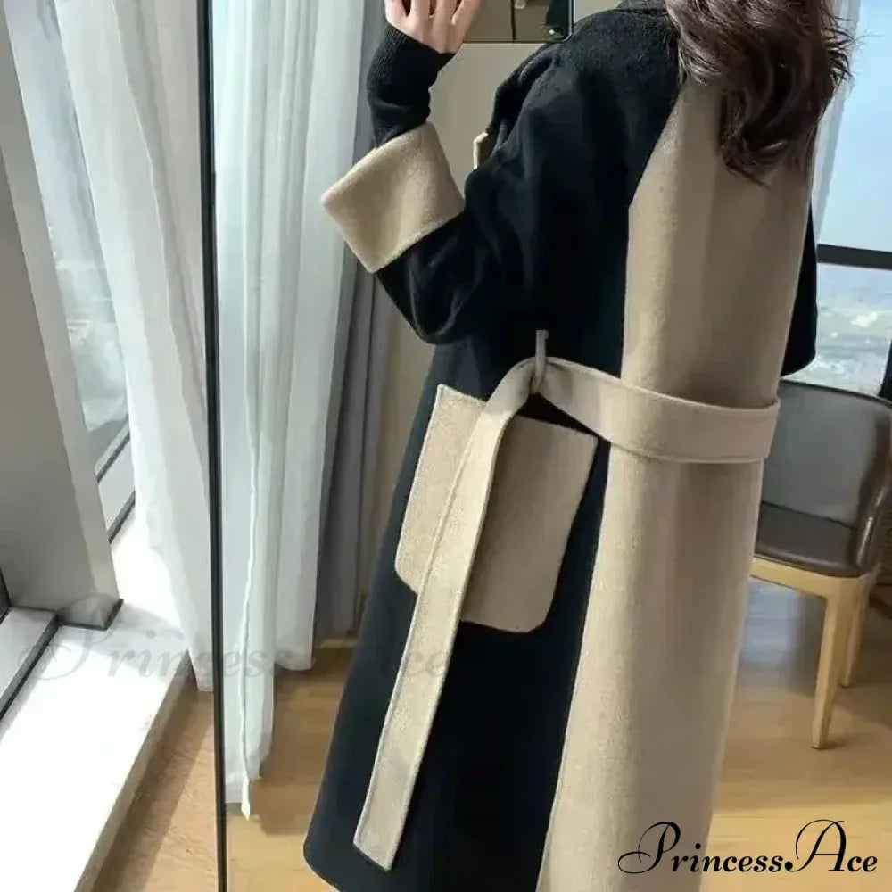 Chic Woolen Patchwork Double-Breasted Anti-Wrinkle Lapel Winter High Sense Stylish Coat Coats-L