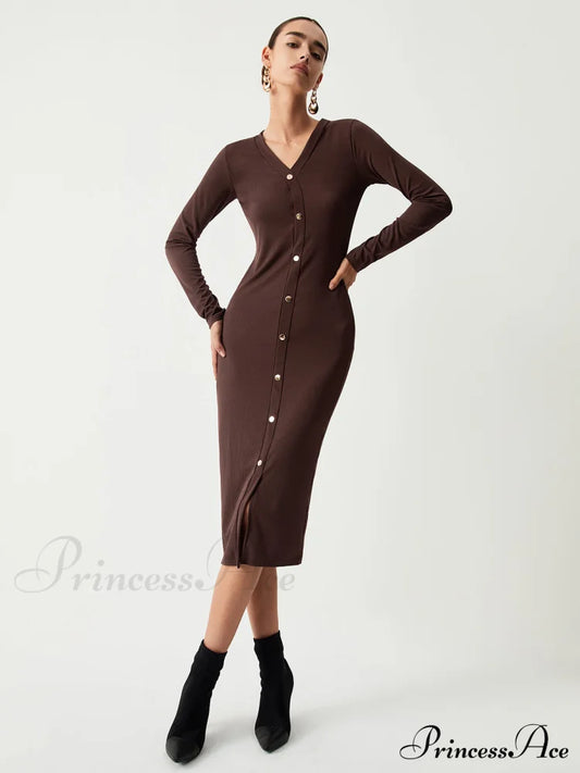 Chocolate Button Down Trendy Long Sleeve Midi Dress Brown / S Dresses