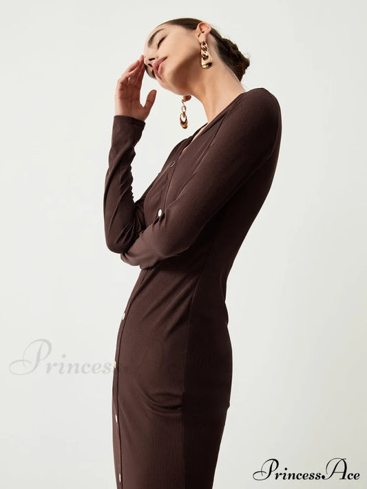 Chocolate Button Down Trendy Long Sleeve Midi Dress Dresses