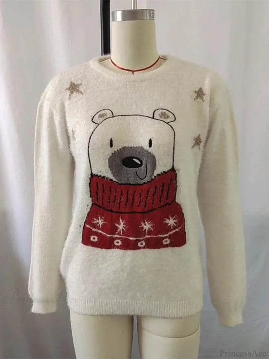 Christmas Cartoon Bear Embroidery Holiday Sweater Sweaters-L