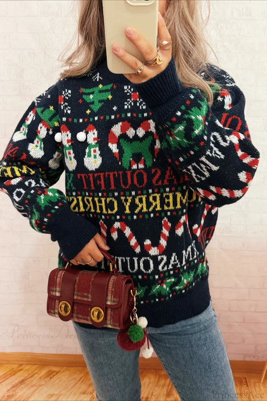 Christmas Contrast Crew Neck Loose Long Sleeve Sweater Navy blue / S