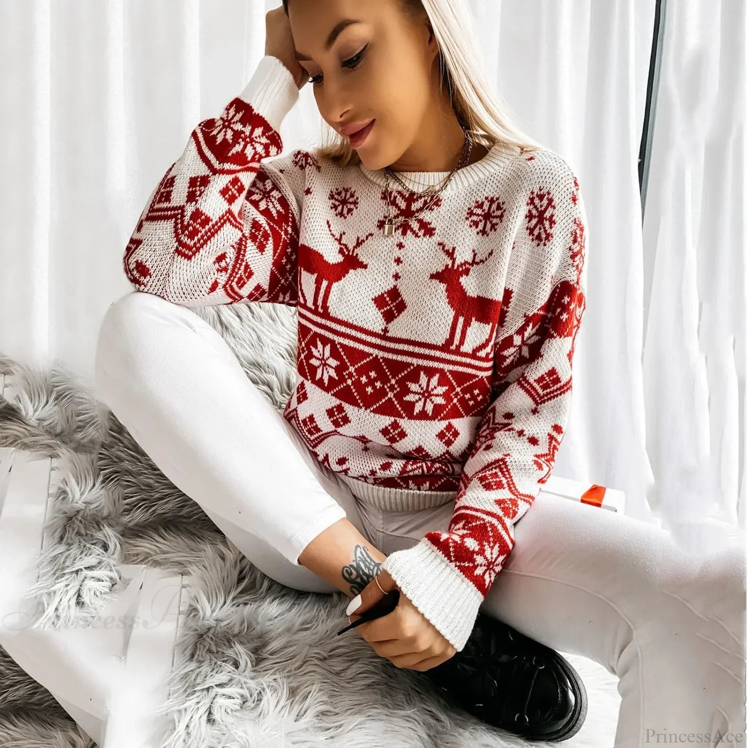 Christmas Deer Warm Knitted Long Sleeve Autumn Winter Loose Hot Sale Sweater Red 1 / S Sweaters-L